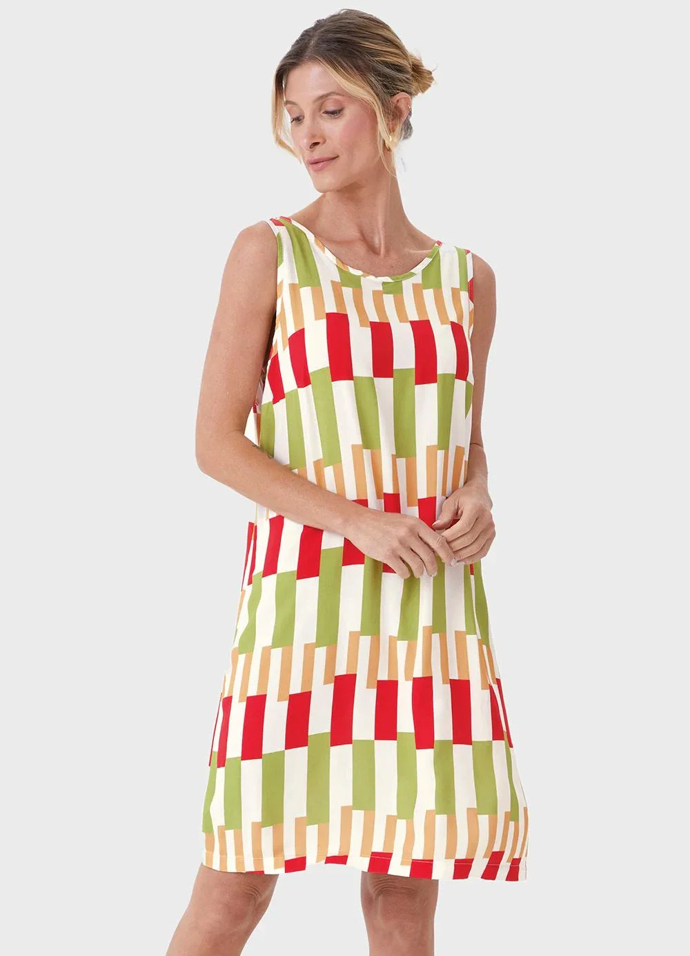 Malwee - Vestido Curto Evasê Geométrico Vermelho