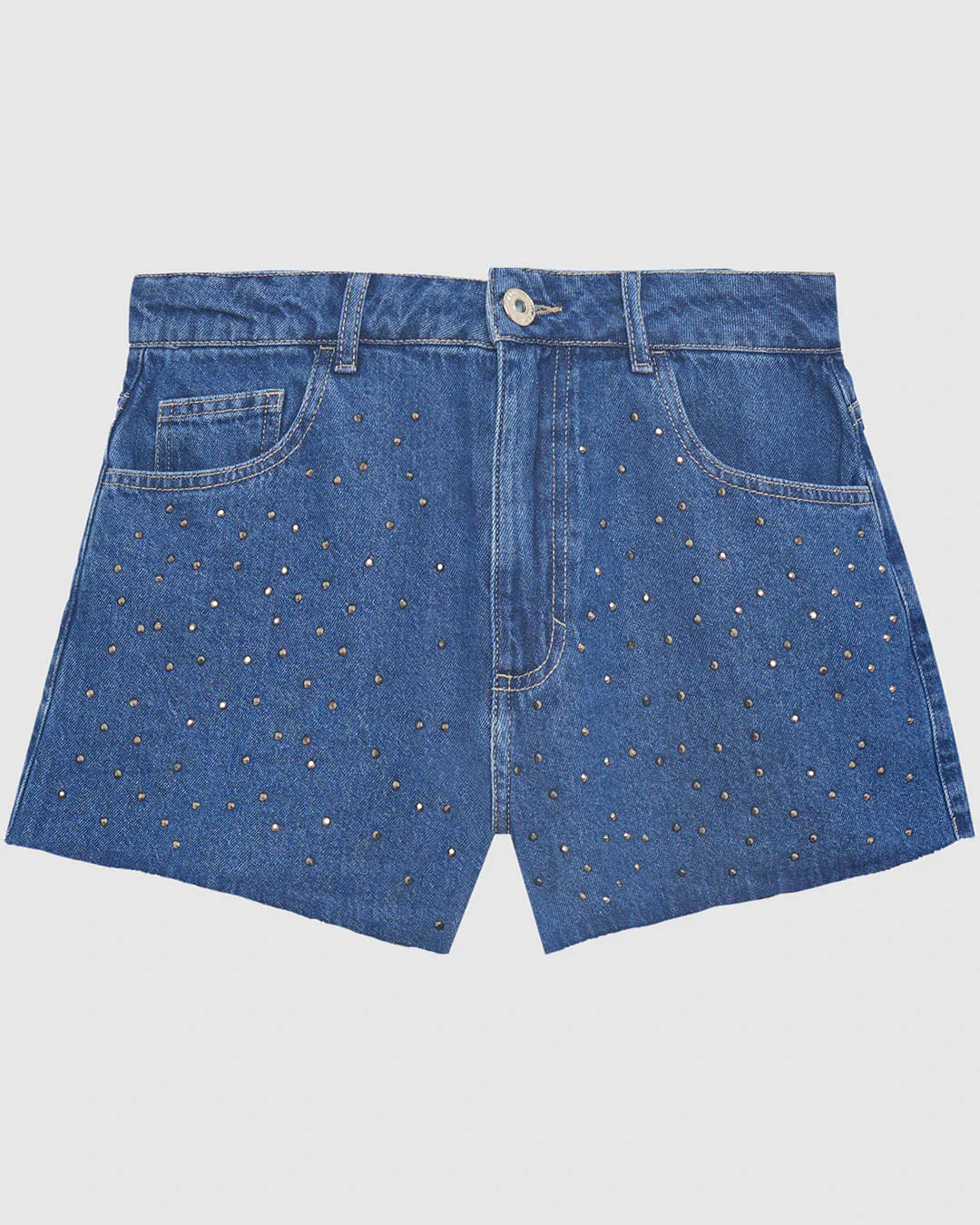 Shorts Feminino Cintura Média Com Strass Em Jeans 100% Algodão