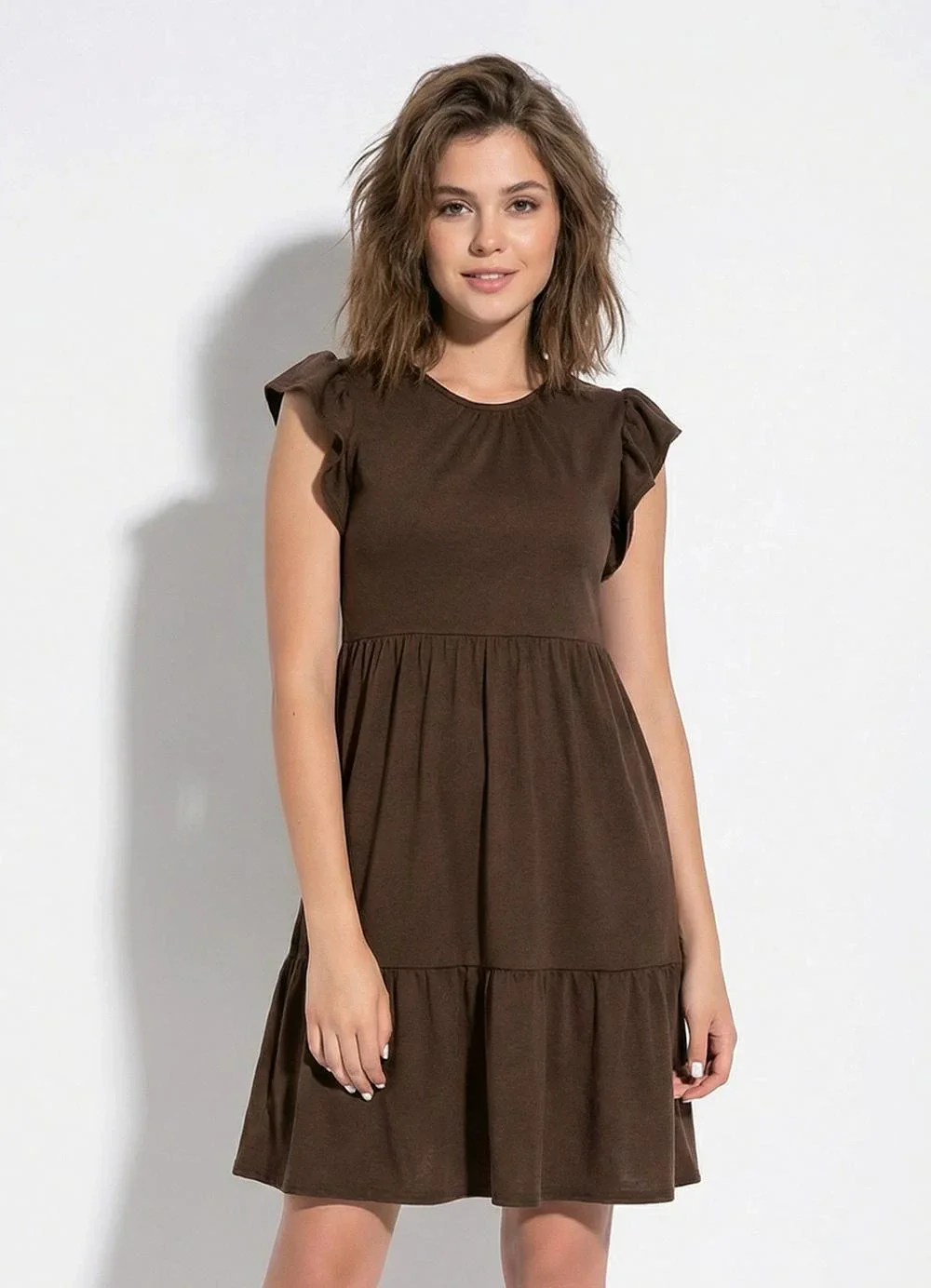 Moda Pop - Vestido Marrom com Manga em Babado