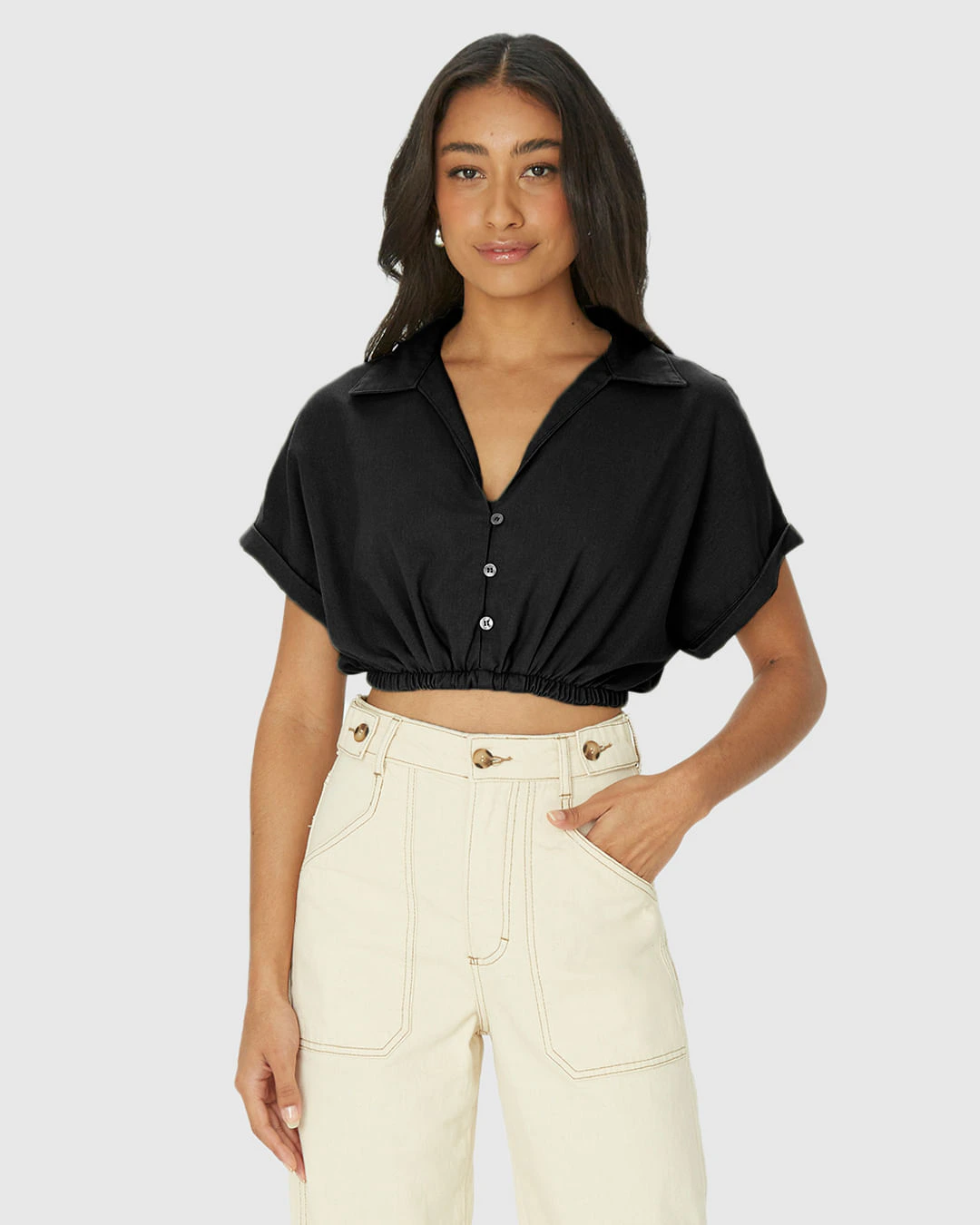 Camisa Cropped Feminina Barra Elástico Em Viscolinho
