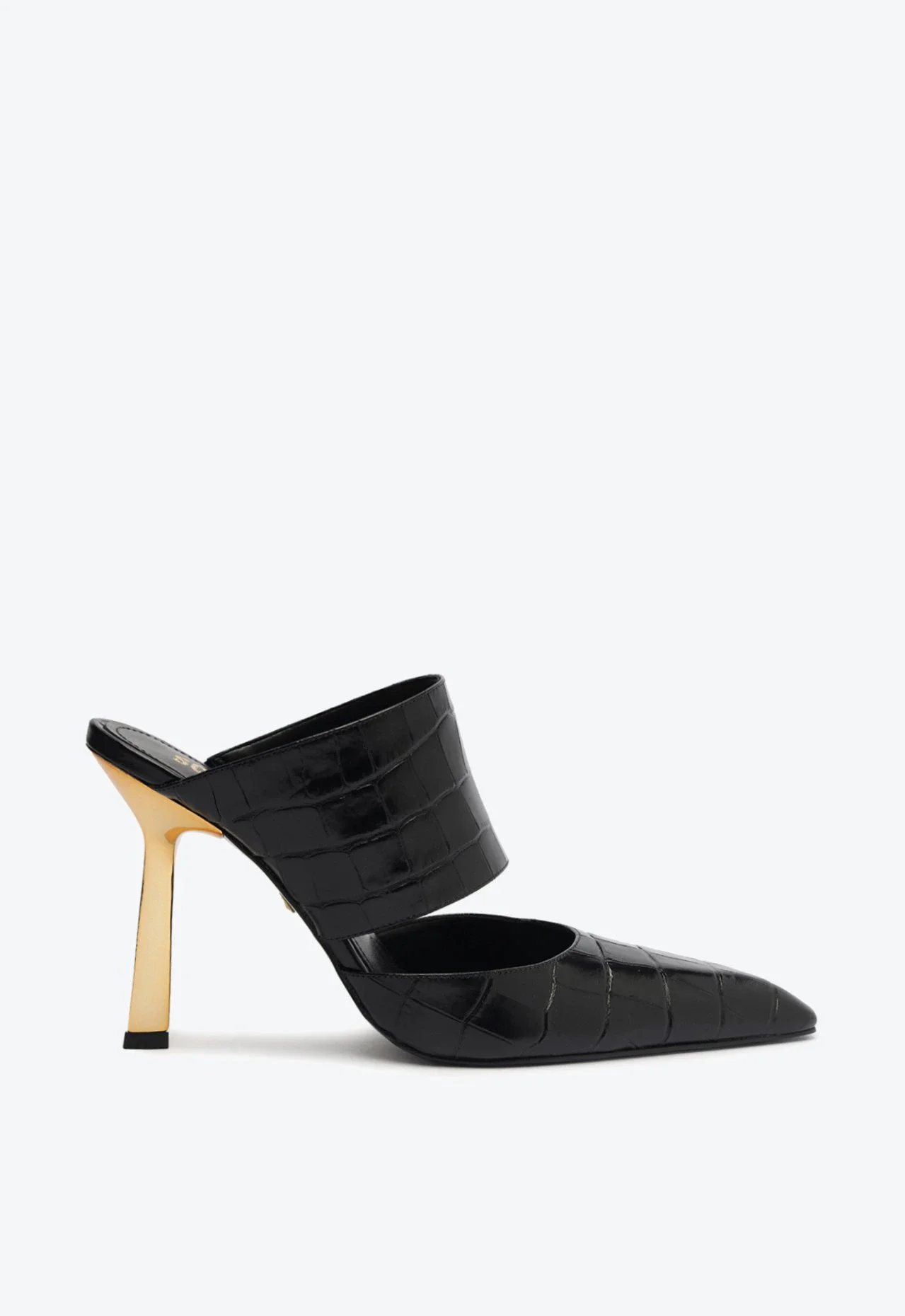 Mule Salto Ciara Couro Croco Preto