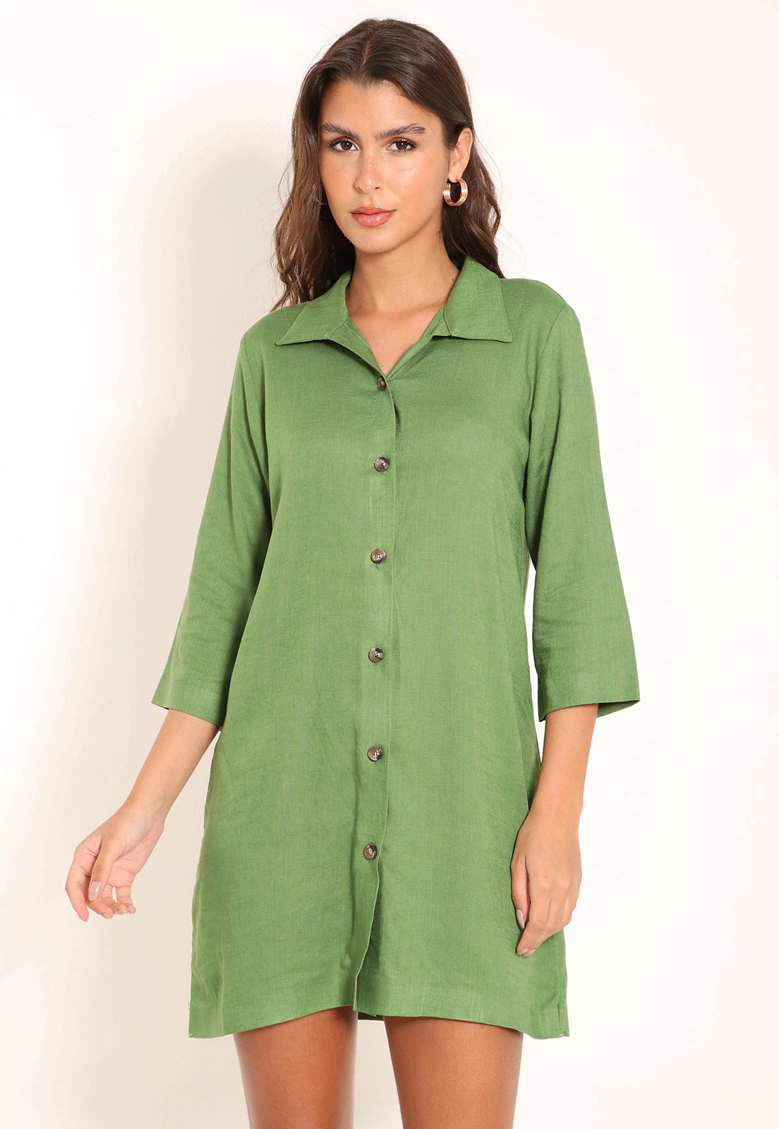 Camisão Linho Wash Com Botões Manga 3/4 e Barra Colada