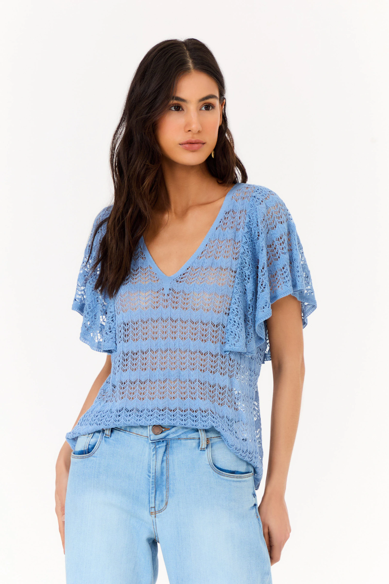 Blusa Tricot Decote v Babados