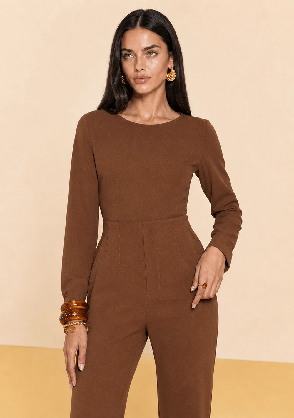 Body Zinco Decote Canoa Manga Longa Marrom