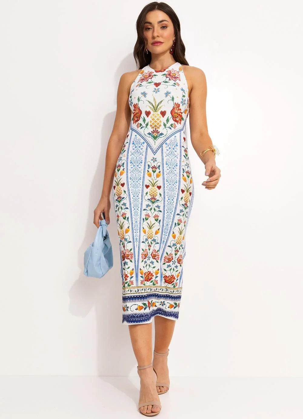 Farm - Vestido Midi em Viscose Off White