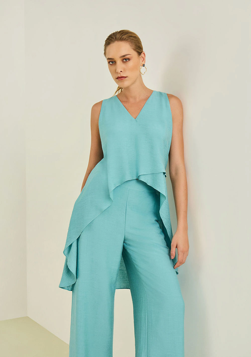 Blusa Maria.Valentina Solta Decote V Manga Curta Alongada Azul