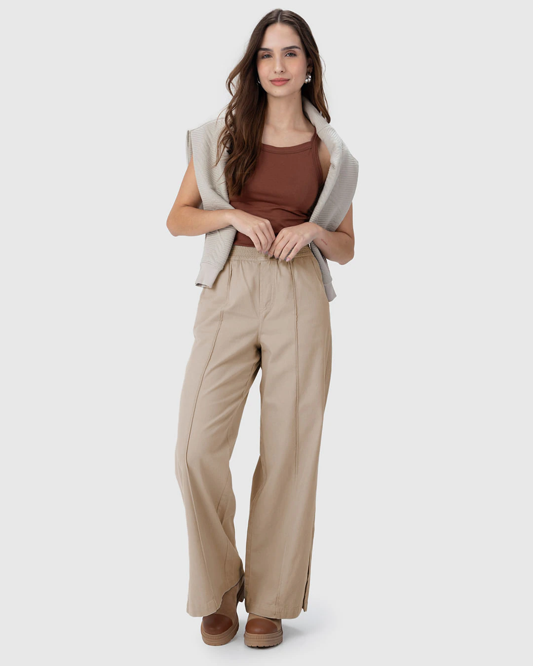 Calça Wide Leg Feminina Fenda Lateral Em Sarja 100% Algodão