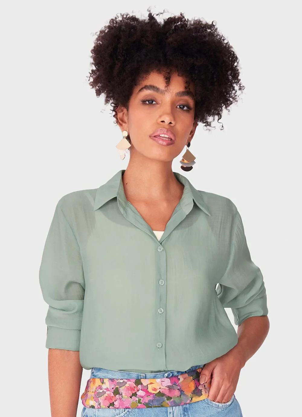 Enfim - Camisa Femina Tradicional em Liocel Verde Menta
