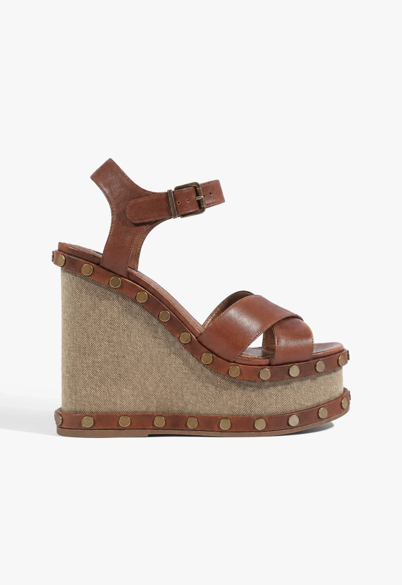 Sandália Plataforma Bico Quadrado Studs Couro Marrom