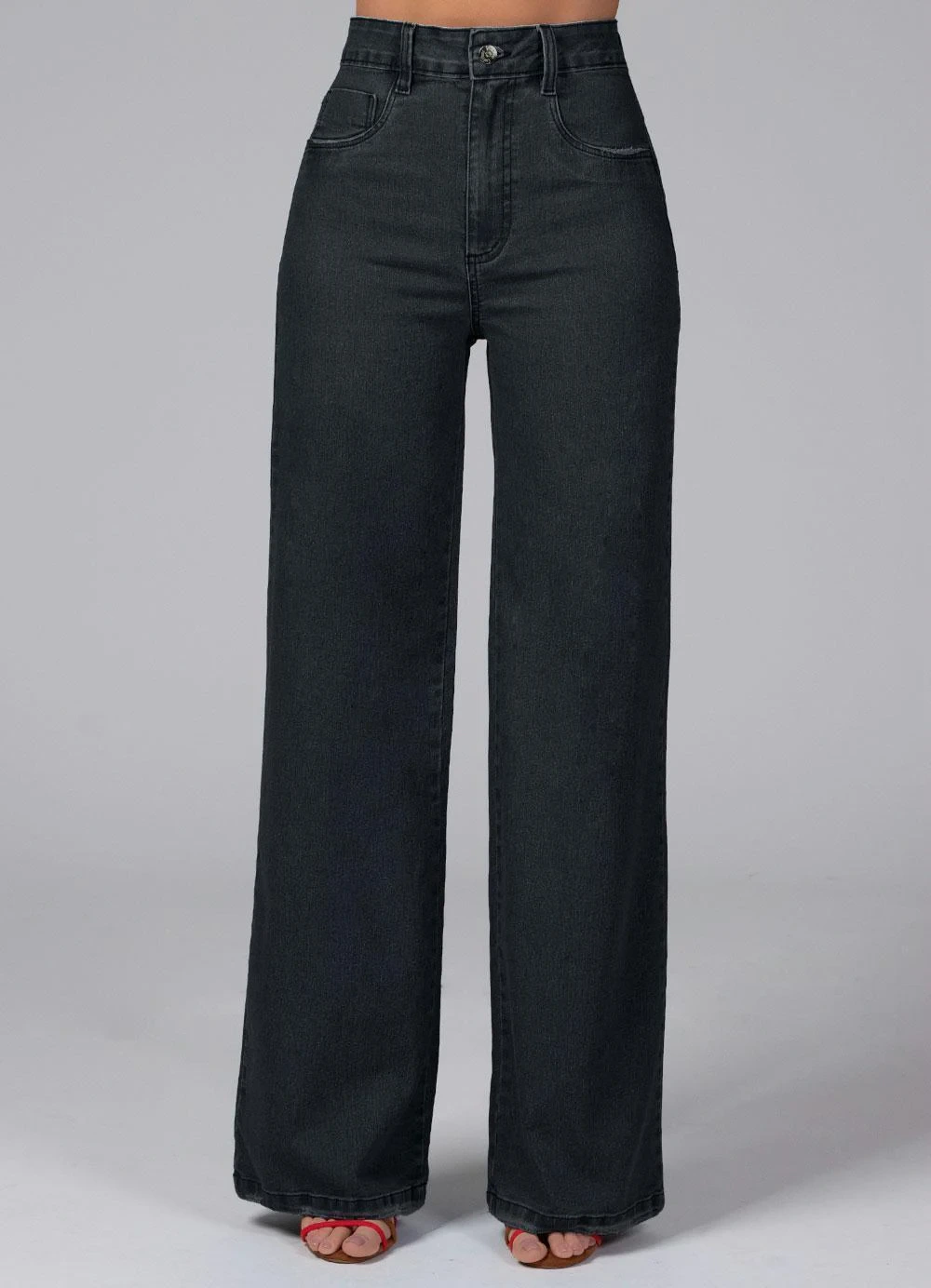 Quintess - Calça Pantalona com Bolsos Jeans Preto