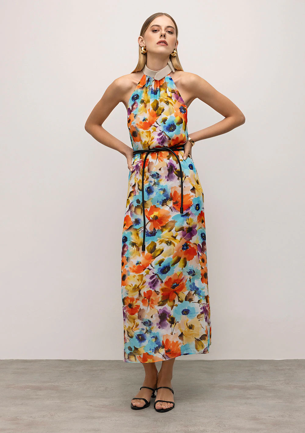 Vestido Iódice Midi Gola Alta Detalhe Couro Laranja