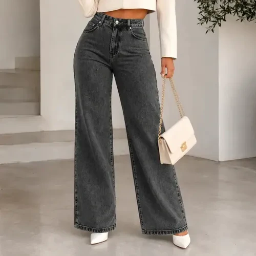 Calça Jeans Pantalona Wide Leg Feminina Cintura Alta Larga