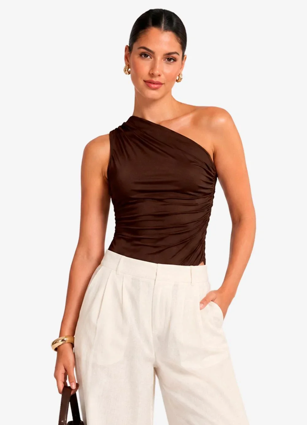 Rovitex - Body Feminino Ombro Unico Franzido Marrom