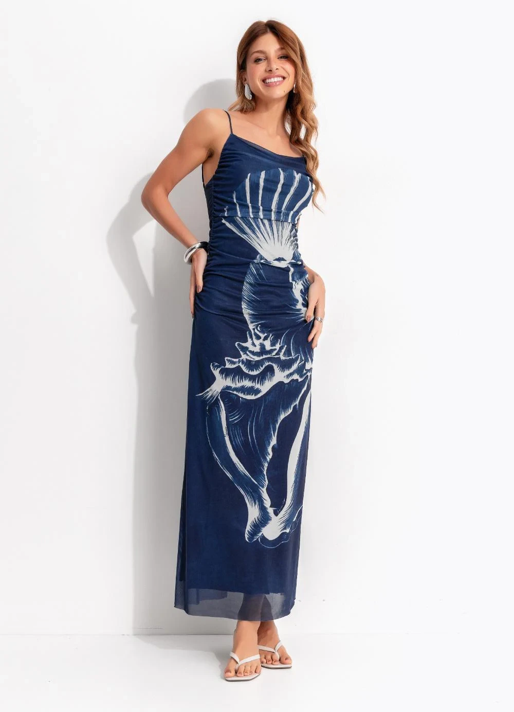 Farm - Vestido Tule Maxi Conchas Azul