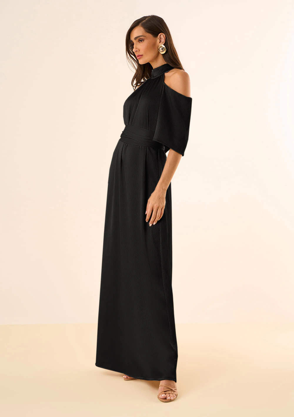 Vestido Maria.Valentina Solto Cava Francesa Manga Curta Longo Preto