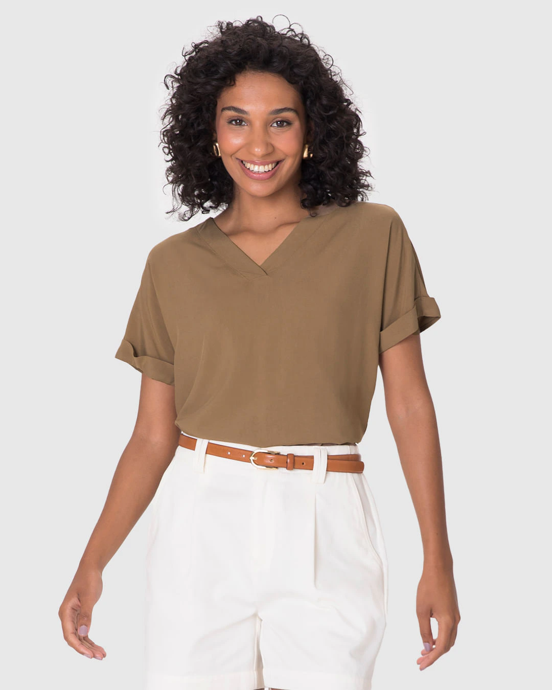 Blusa Feminina Decote V Manga Curta Dobrada Em Viscose