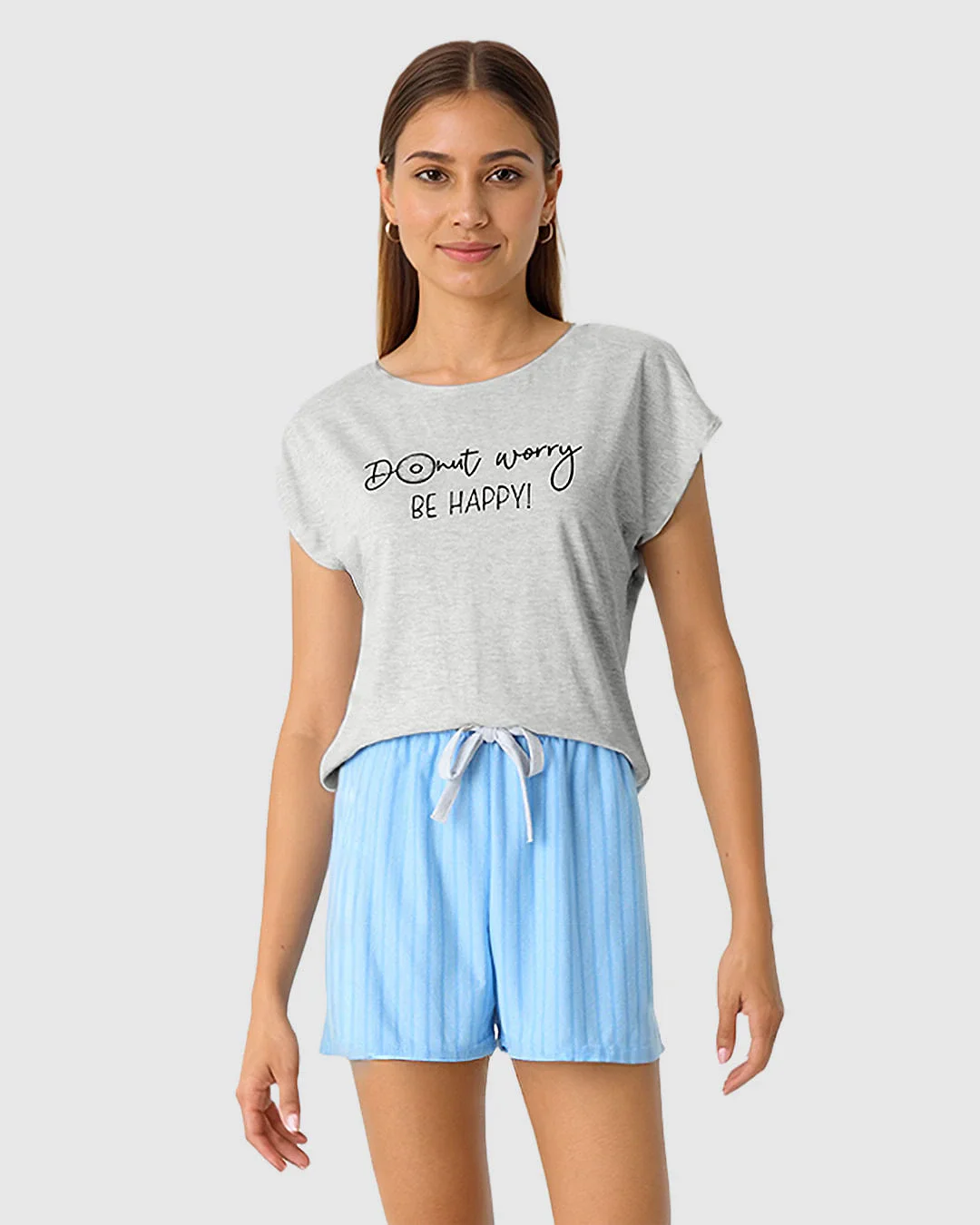 Pijama Curto Feminino Shorts Em Malha Listrada