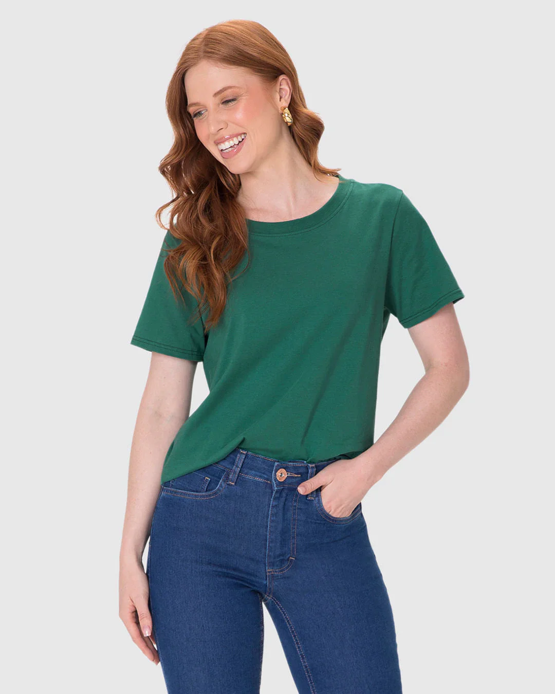 Blusa Básica Feminina Decote Redondo Com Pesponto Em Algodão
