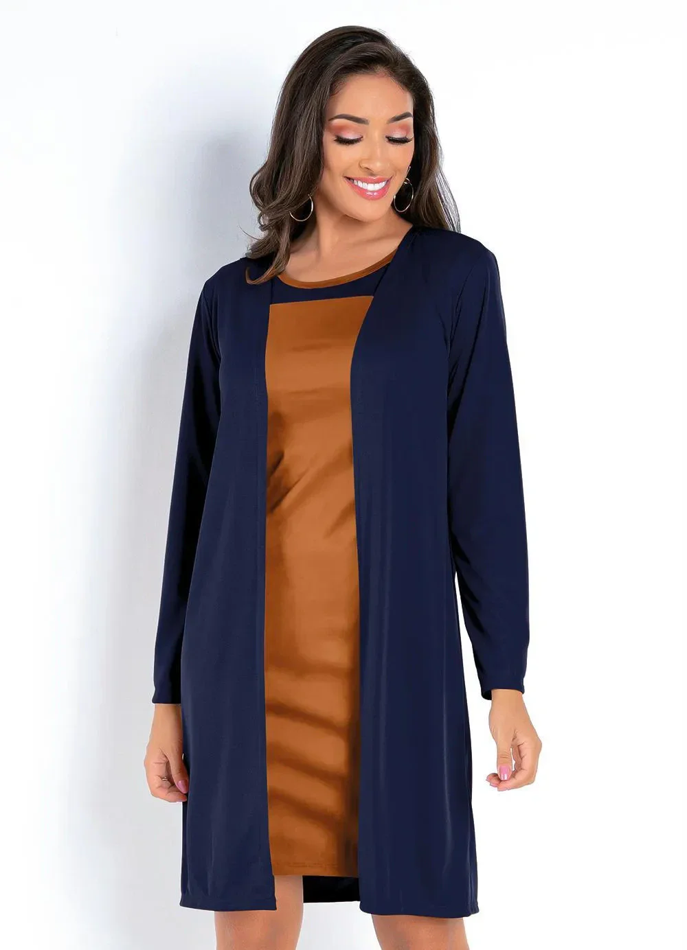 Moda Pop - Conjunto Marinho e Carame com Vestido e Cardigan