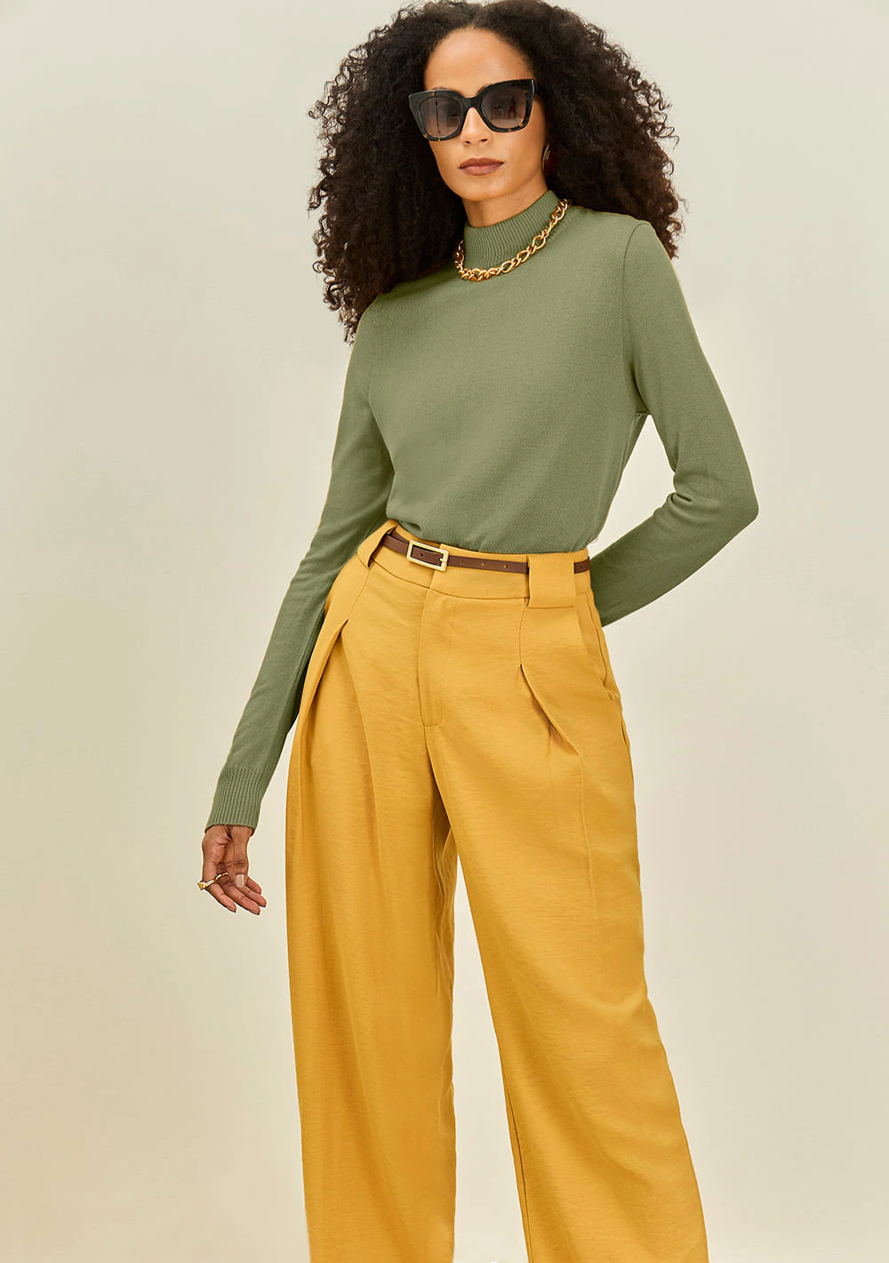 Blusa Maria.Valentina Ajustada Gola Alta Manga Longa Padrão Verde