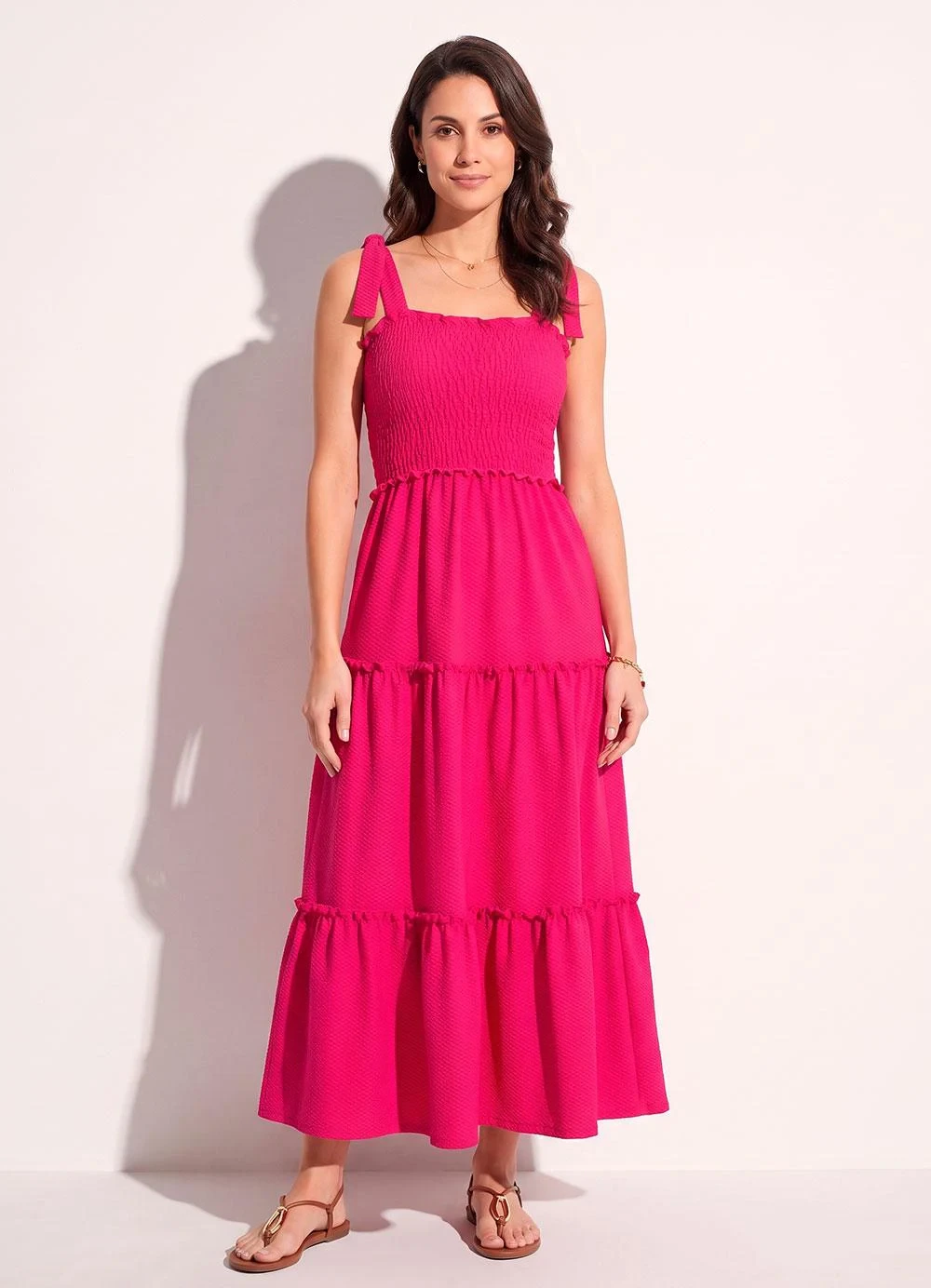 Quintess - Vestido Rosa com Babados e Alças para Amarrar