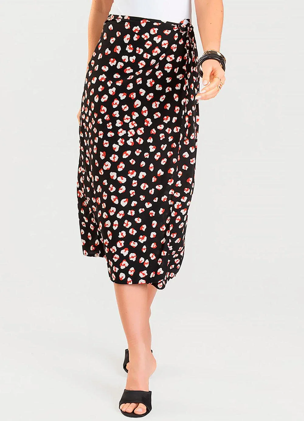 Dianna - Saia Midi Transpassada Estampada Preto
