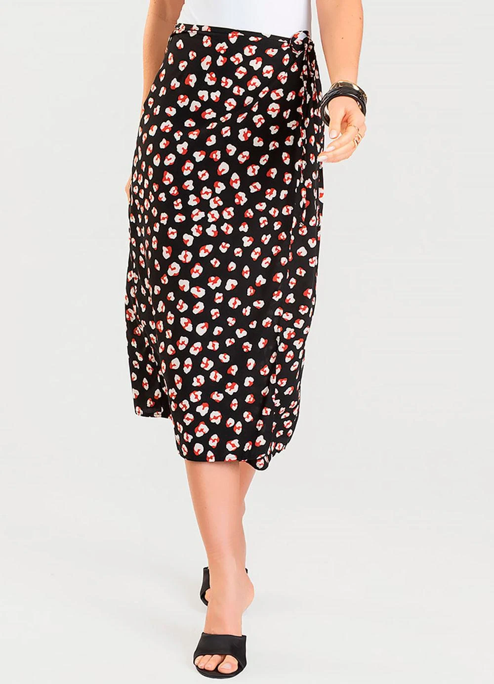 Dianna - Saia Midi Transpassada Estampada Preto