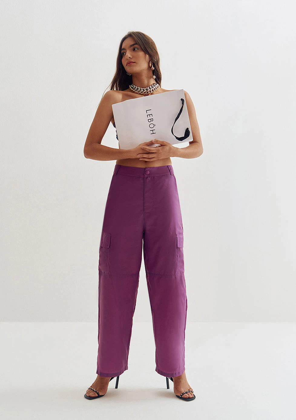 Calca Lebôh Reta Cós Alto Bolso Lateral Roxo