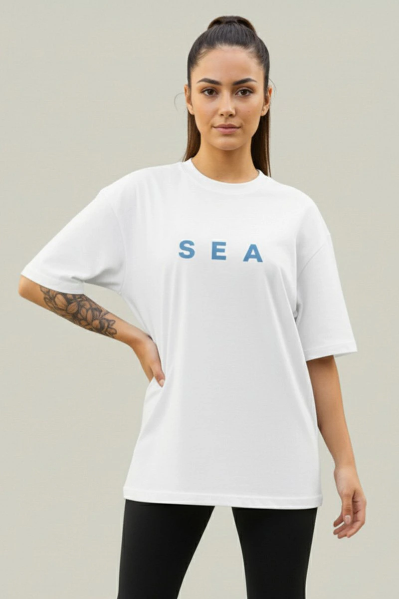 Camiseta Oversized Feminina Branca Algodão Prime WSS Sea