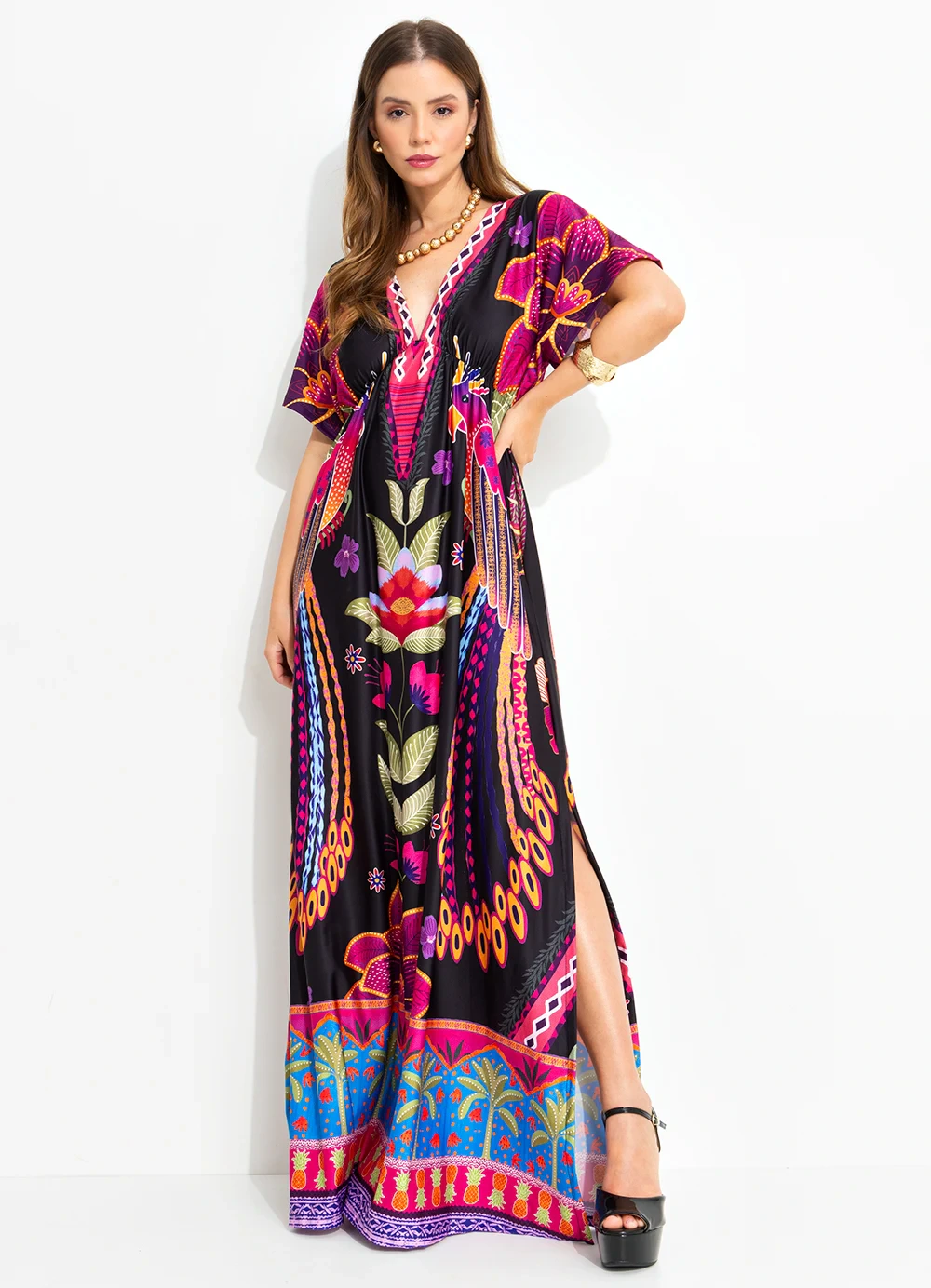 Quintess - Vestido Floral Tropical em Malha Fria