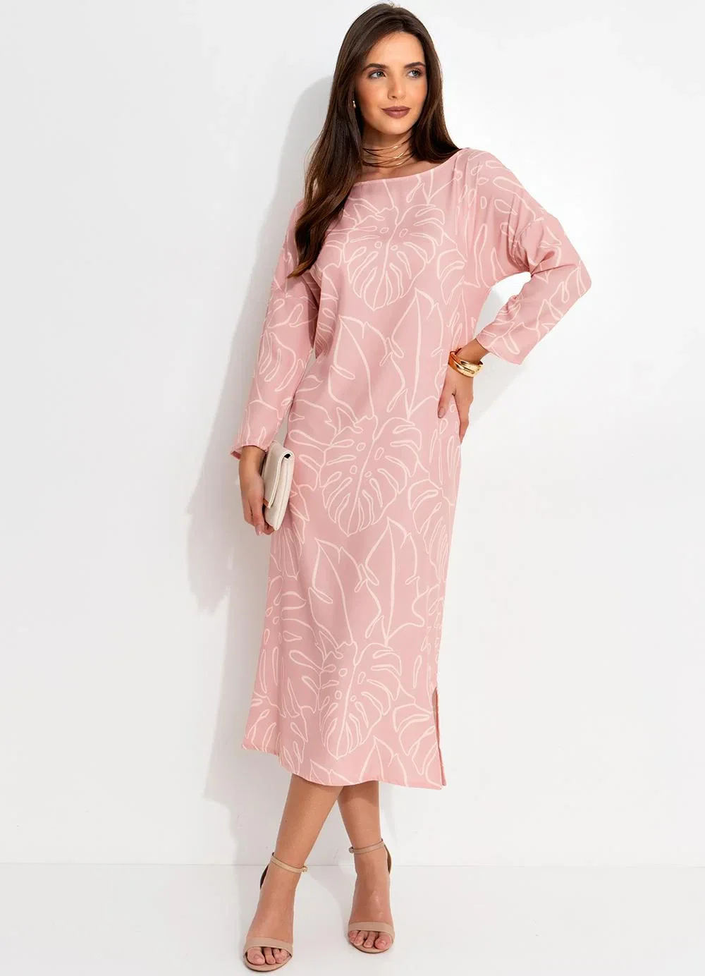 Quintess - Vestido Folhagem Rosa em Alfaiataria Sarjada