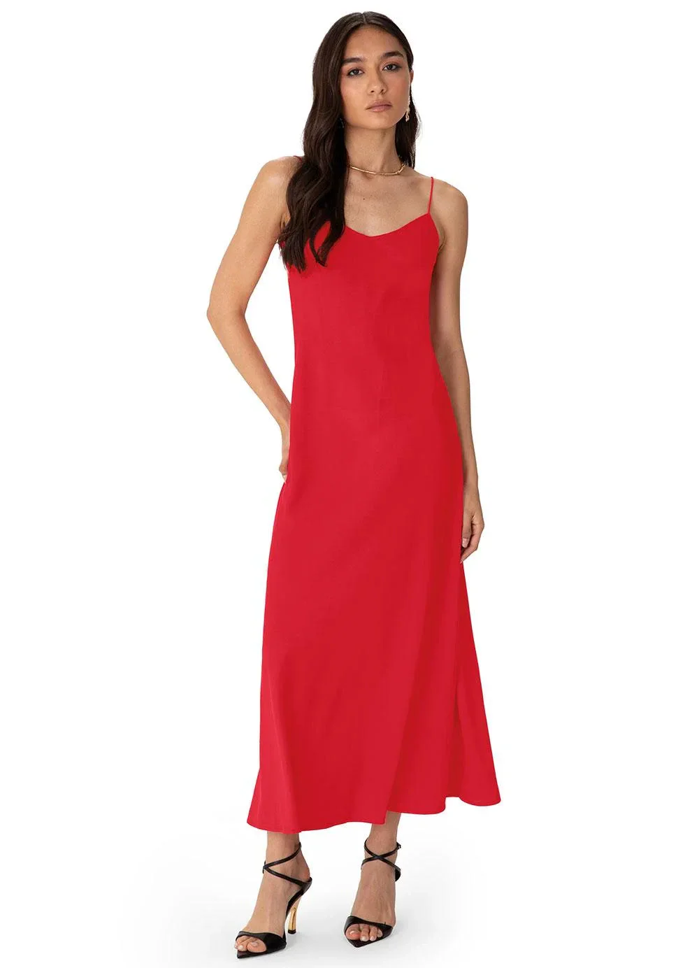 Enfim - Vestido Mídi Evasê em Tafetá Vermelho