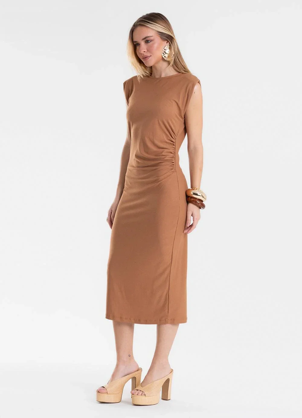 Endless - Vestido Feminino Justo Midi em Viscose Marrom