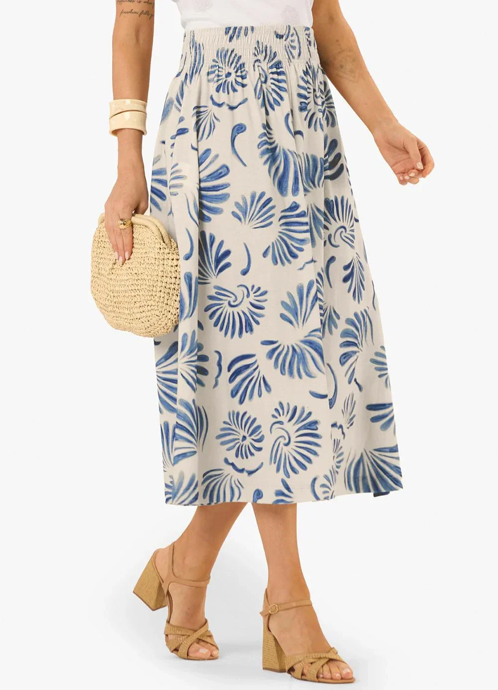 Rovitex - Saia Midi Feminina Meia Malha Estampada Azul