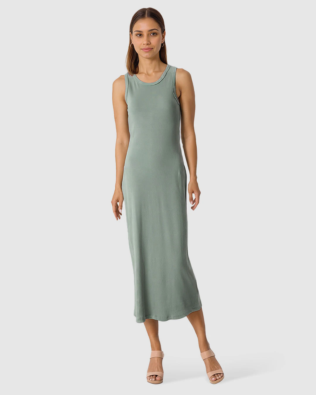 Vestido Midi Feminino Decote Redondo Alça Larga Em Ribana