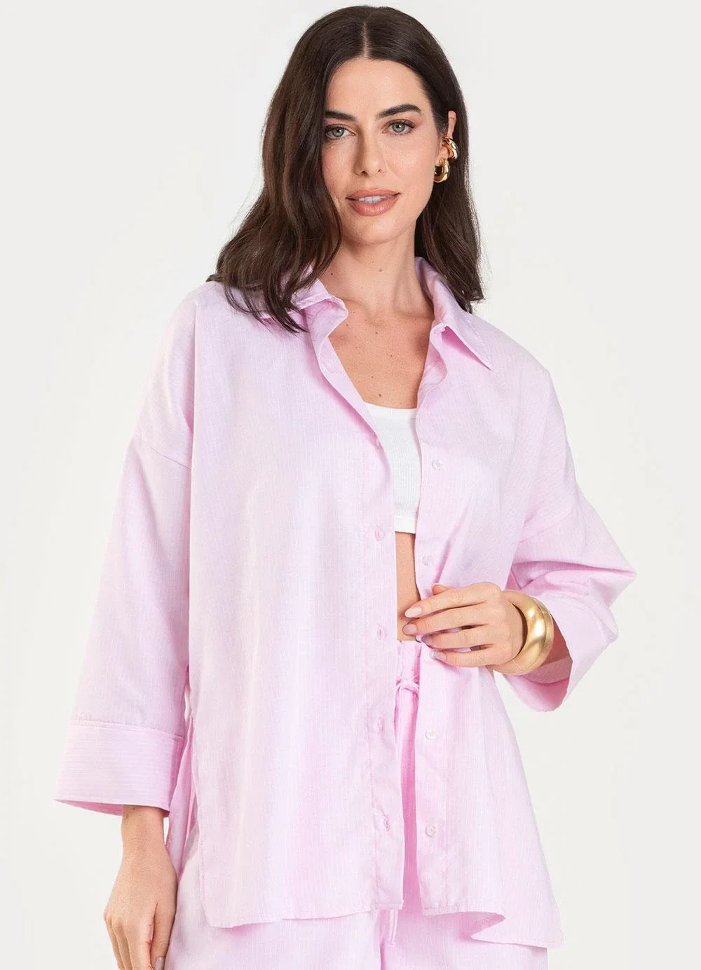 Dianna - Camisa Feminina Manga 7/8 Listrada Rosa