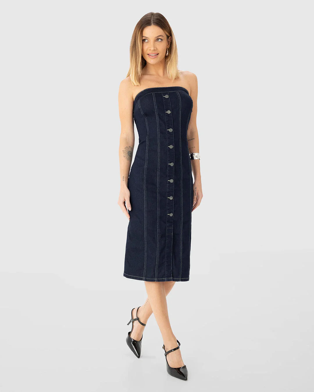 Vestido Midi Feminino Sem Alças Em Jeans Com Elastano - ENFIM