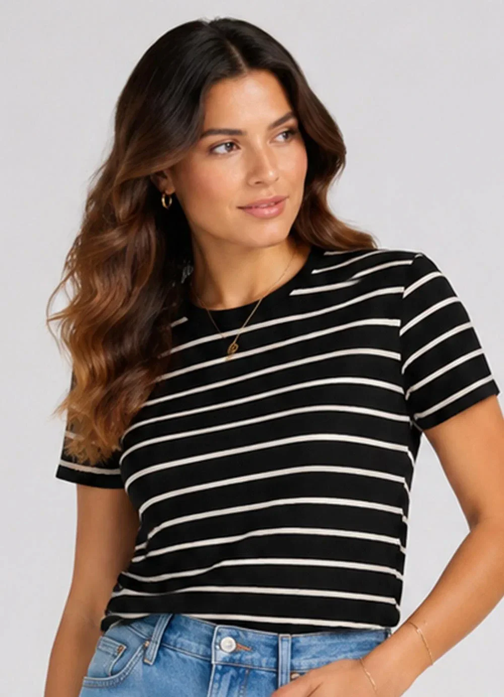 Infinita Cor - Blusa Feminina Básica Cotton Listrado Preto