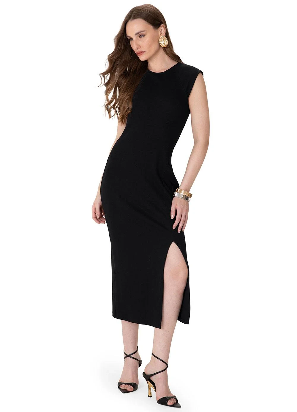 Enfim - Vestido Mídi Reto Ribana Canelada Preto