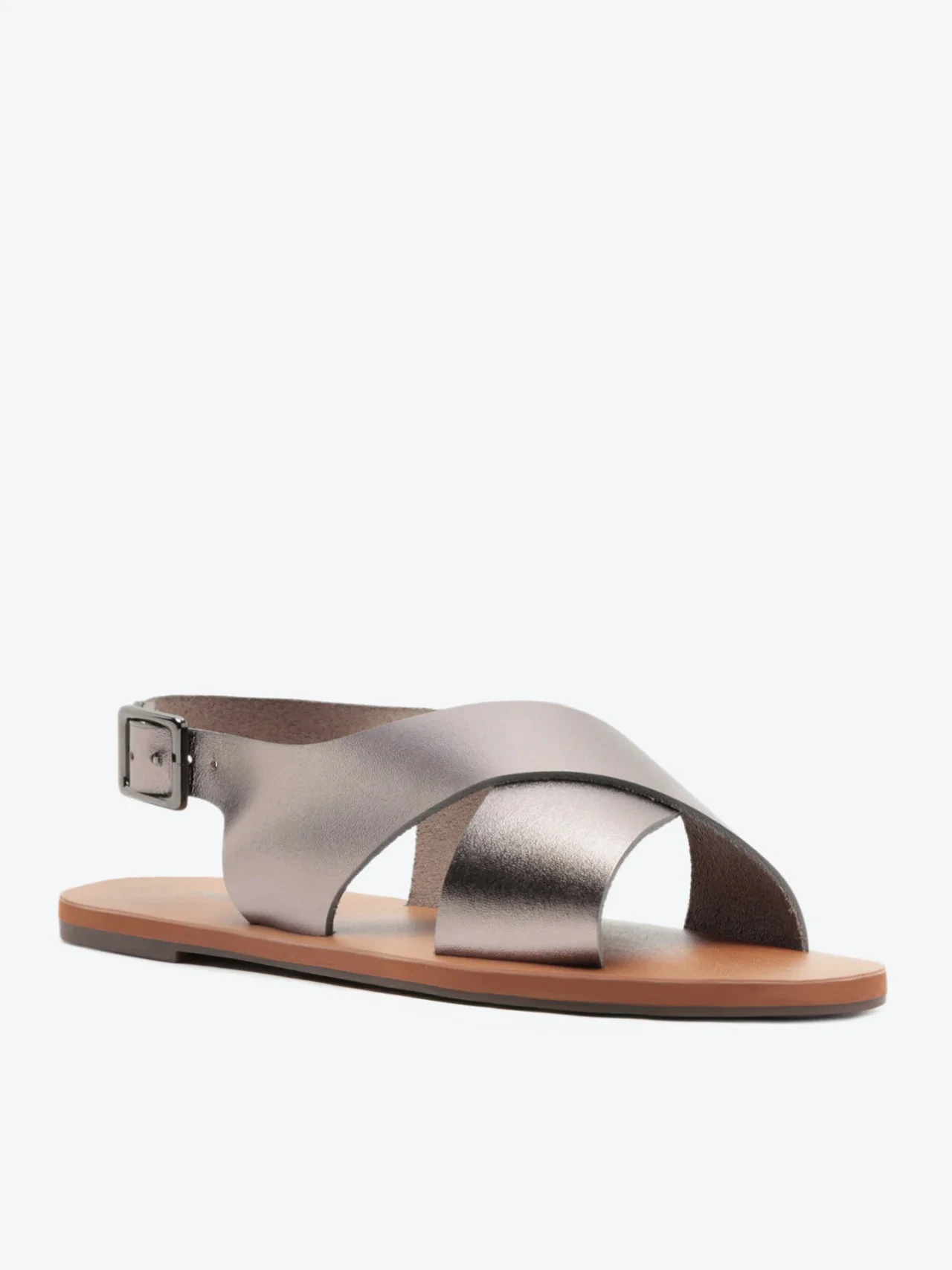Sandália Rasteira Monocolor Tiras Cruzadas Couro Prata