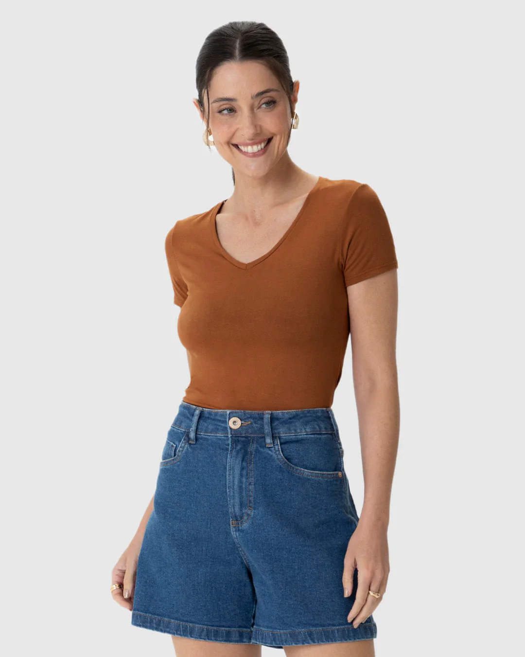 Blusa Básica Feminina Decote V Em Viscose Stretch