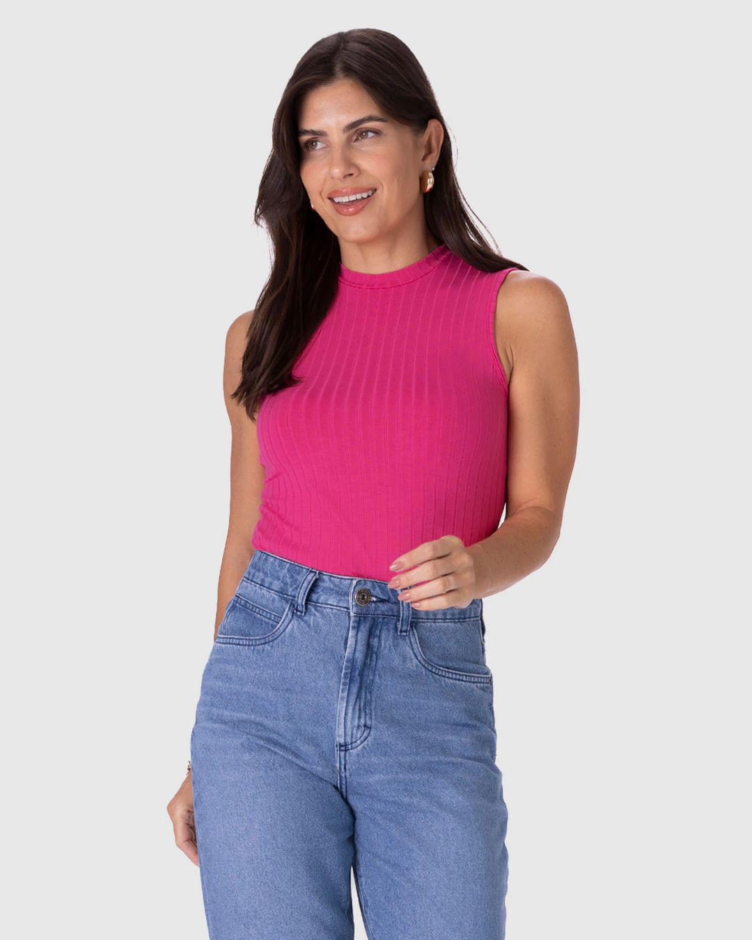 Regata Básica Feminina Gola Alta Em Canelado De Viscose