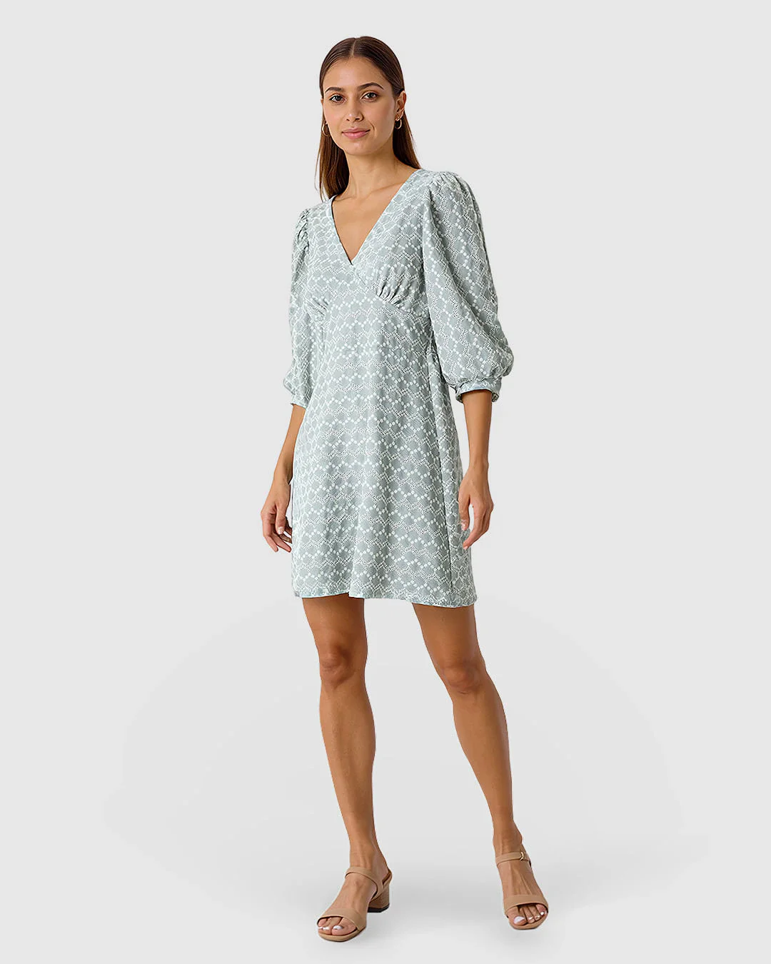 Vestido Feminino Decote V Manga 3/4 Em Laise Algodão Com Linho