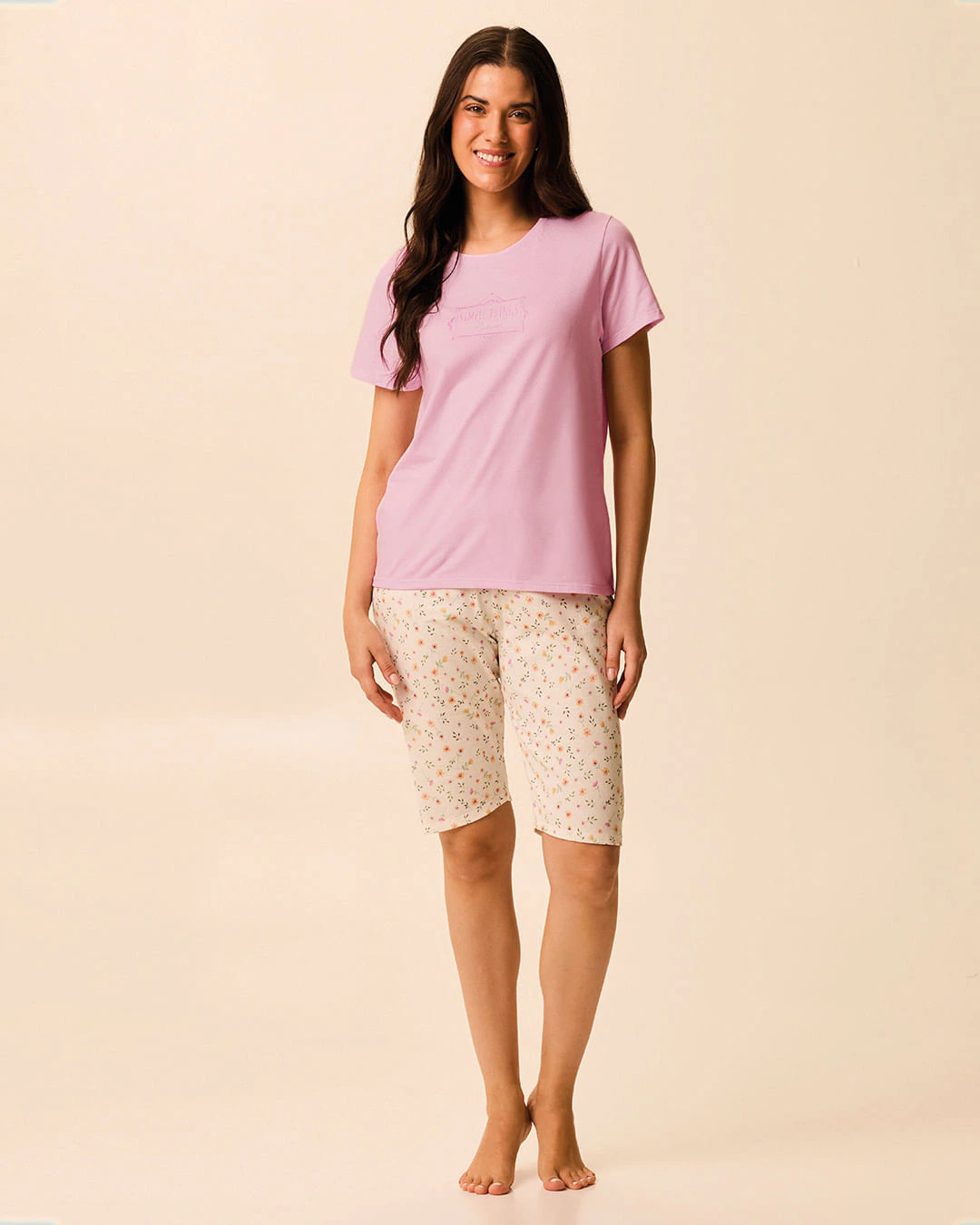 Pijama Curto Feminino Camiseta E Bermuda Estampada Em Malha Algodão