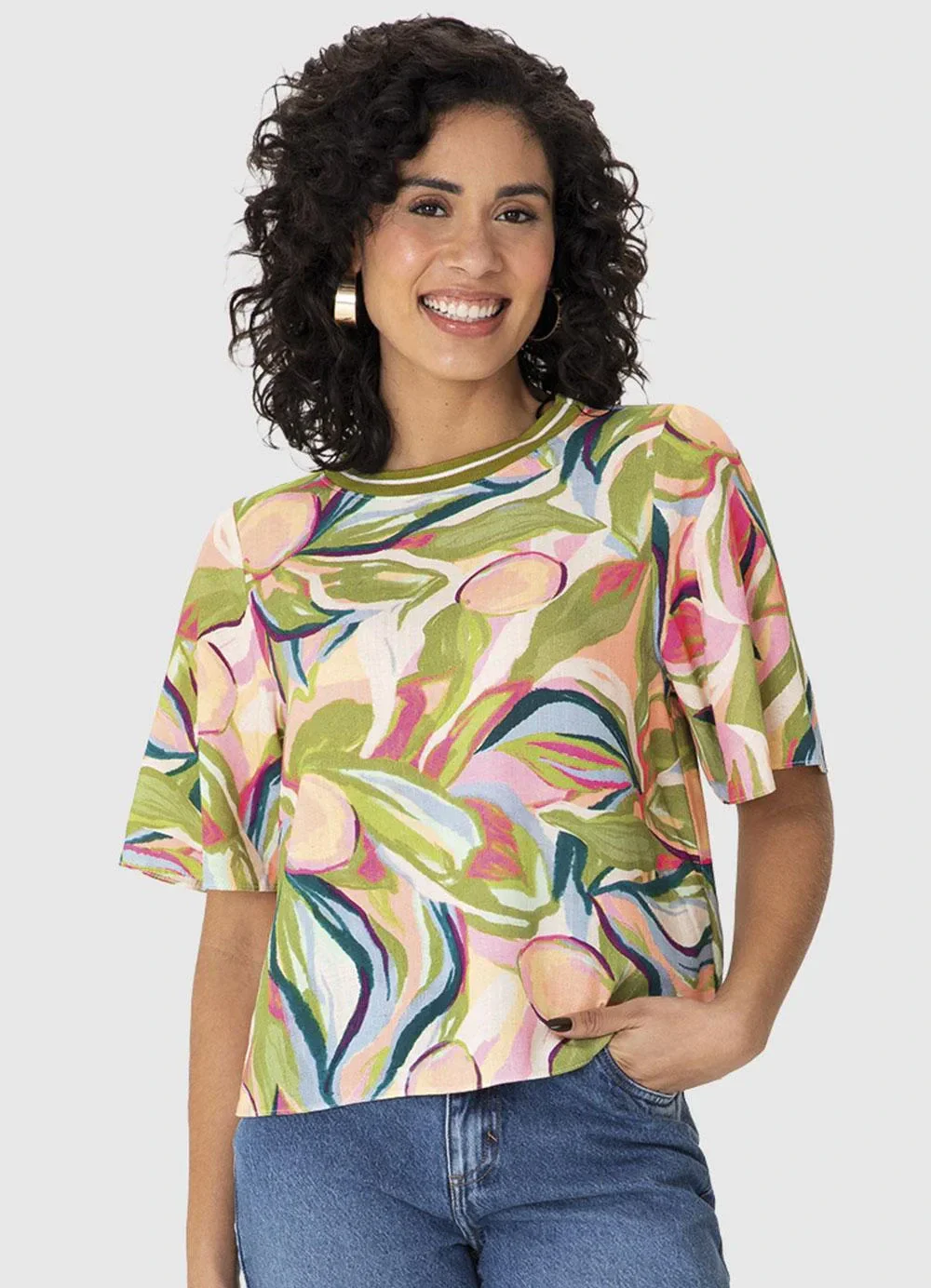 Malwee - Blusa Ampla Tropical em Viscolinho Verde