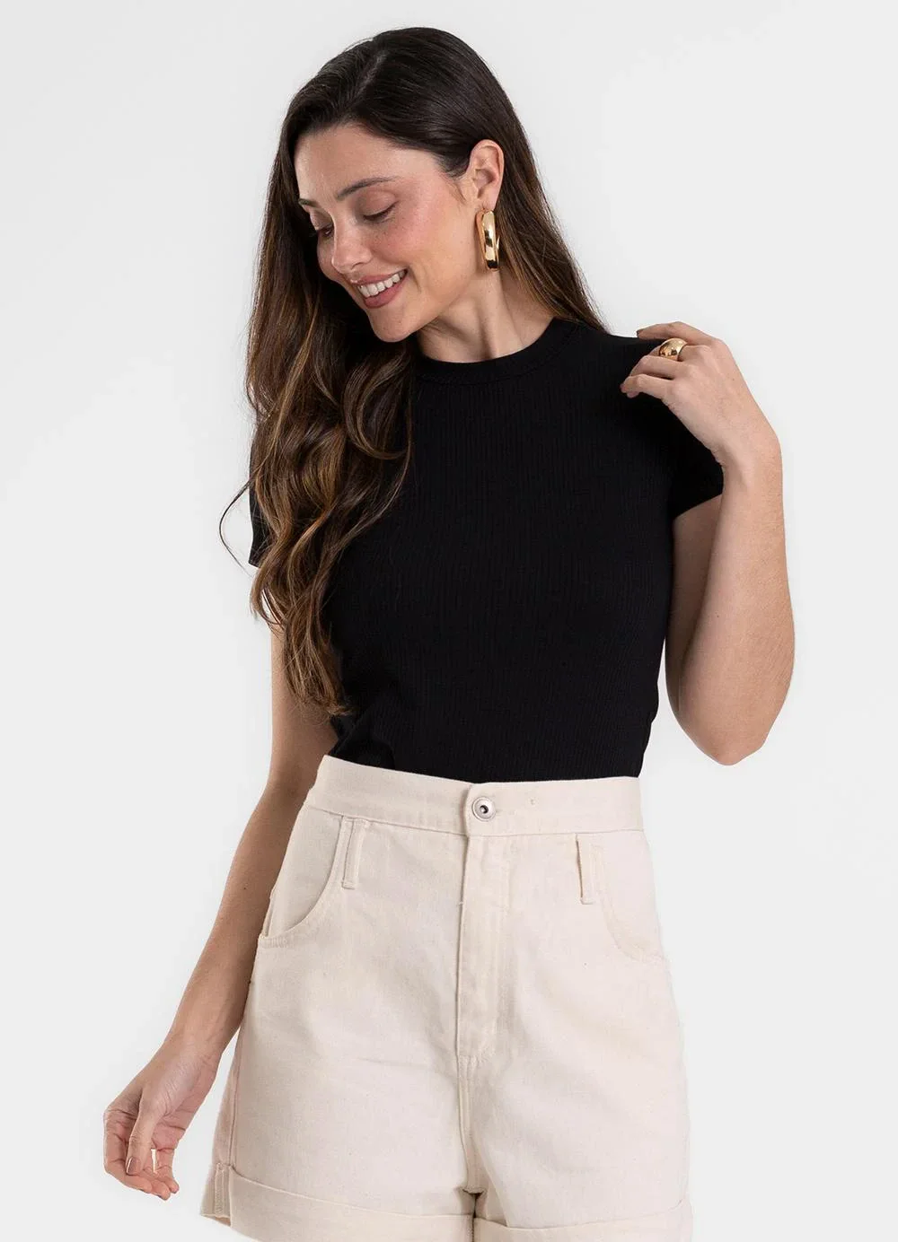 Rovitex - Blusa Feminina Canelada Ribana de Viscose Preto