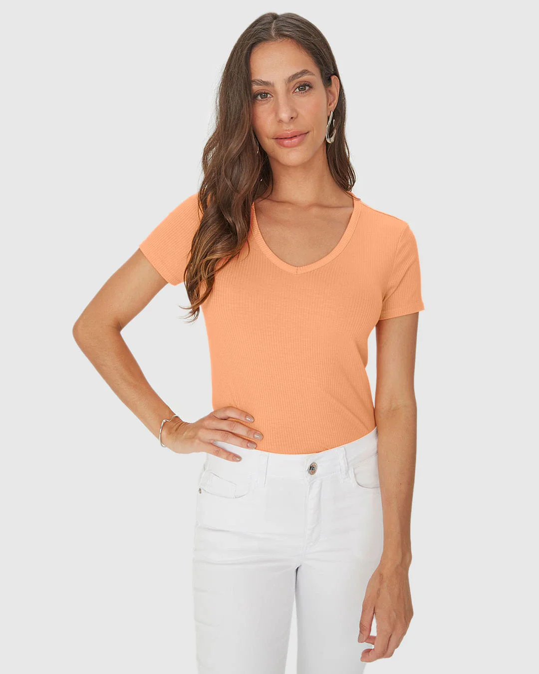 Blusa Básica Feminina Decote V Em Malha Canelada
