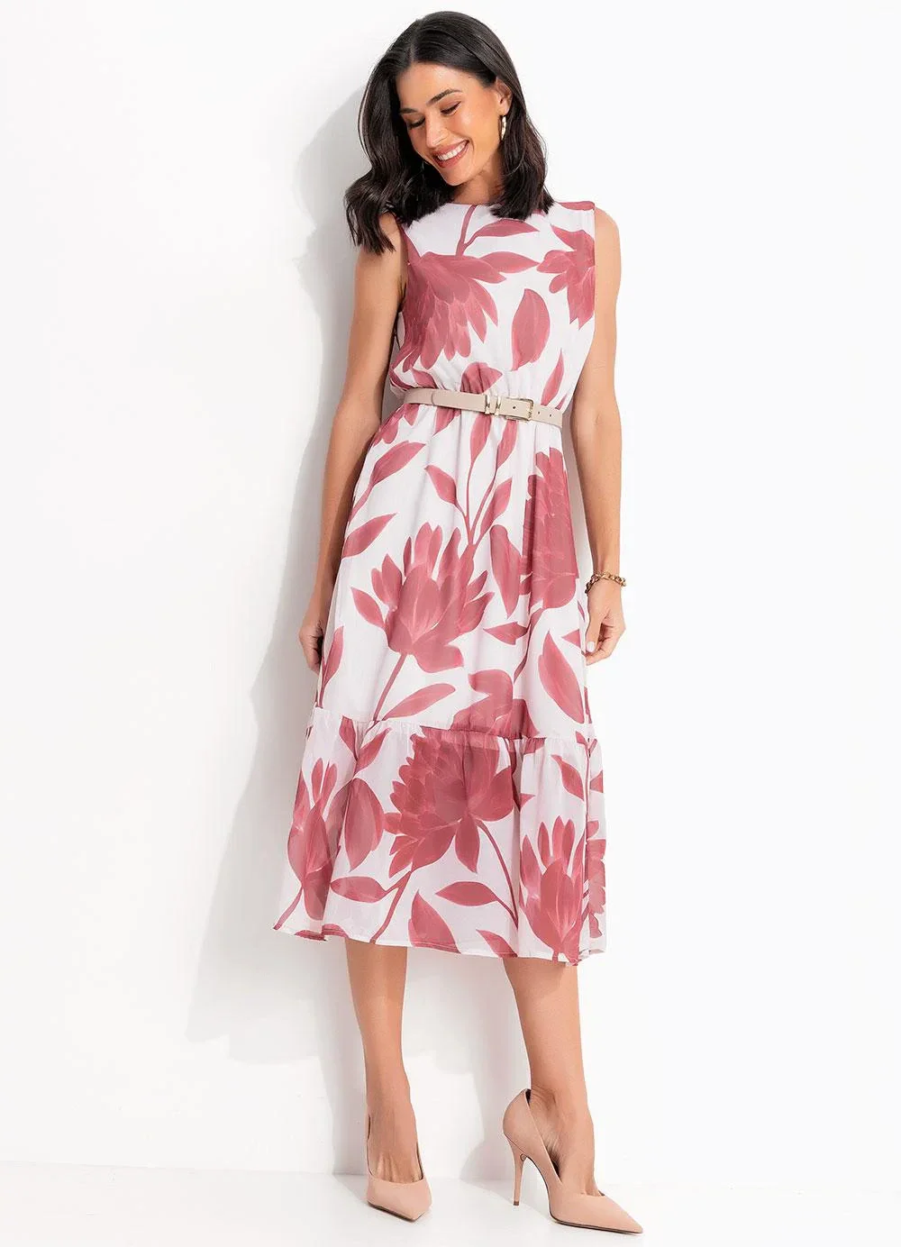 Quintess - Vestido Floral Vermelho em Tecido Chiffon