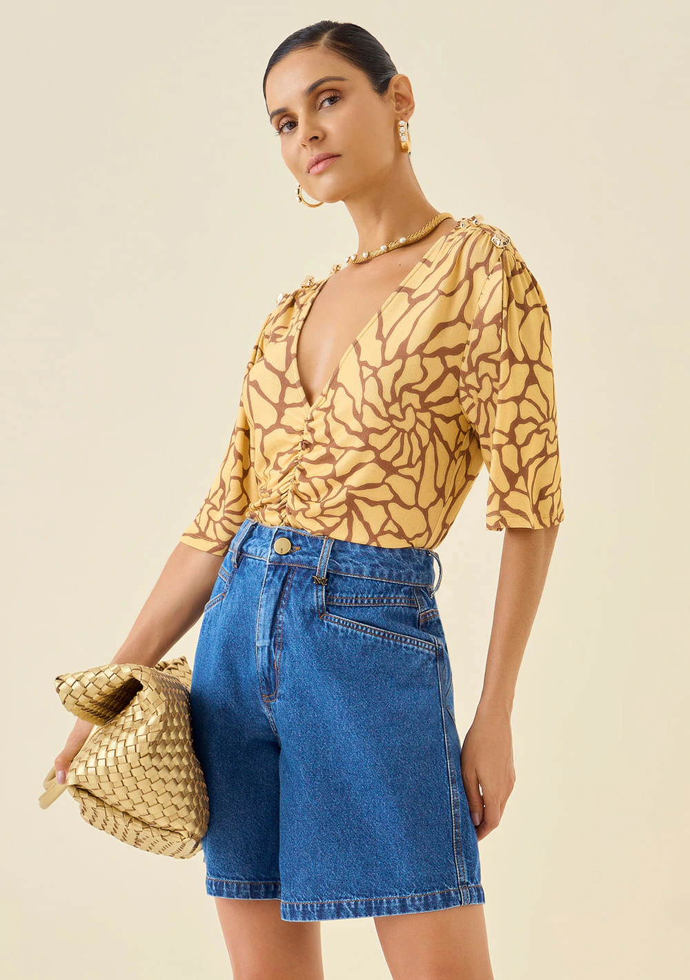 Blusa Maria.Valentina Decote V Manga Curta Com Franzido Amarelo