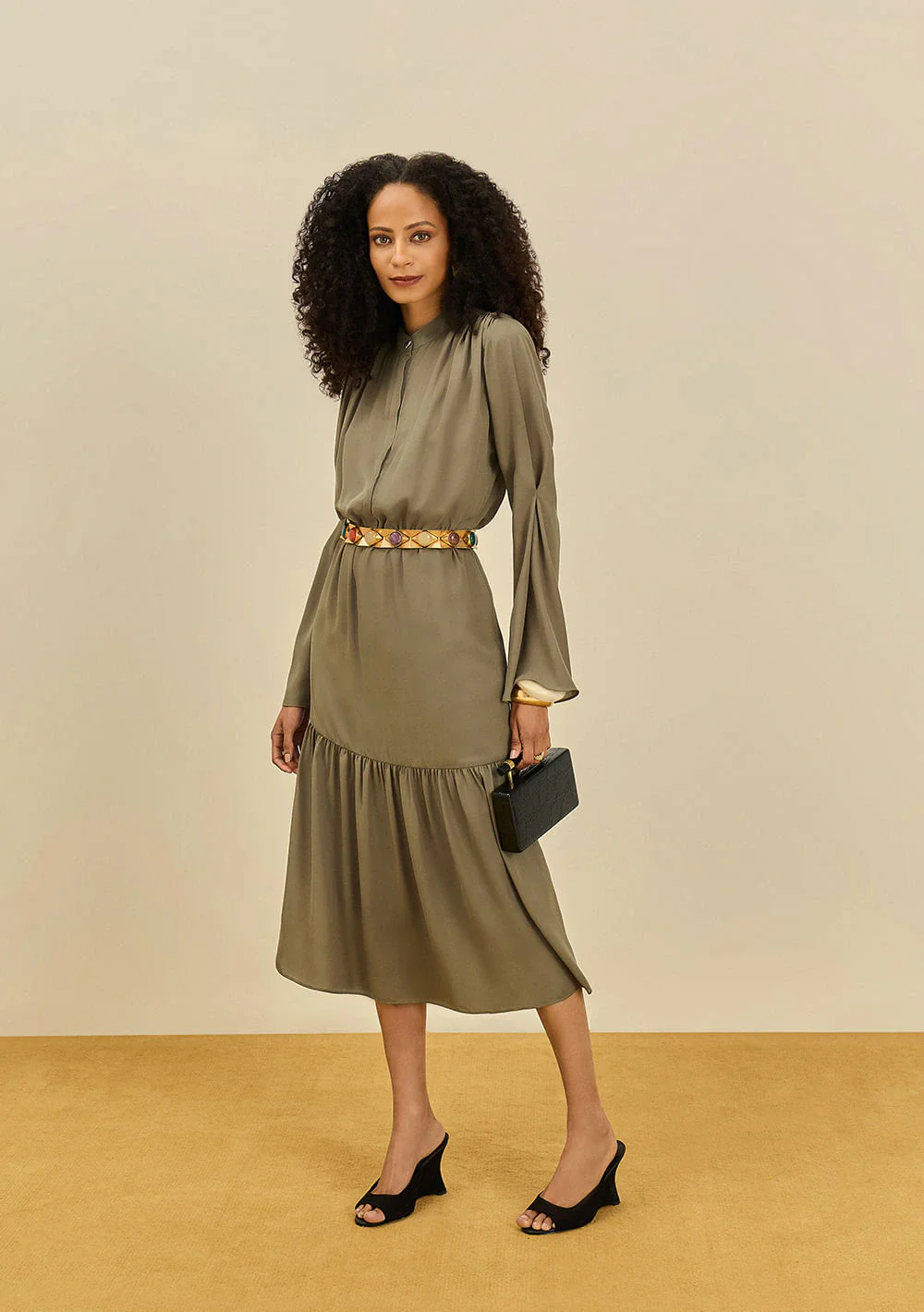 Vestido Maria.Valentina Solto Gola Padre Manga Longa Midi Verde